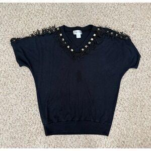 Donna Toran Women Black Short Sleeve‎ Blouse S Fringe Cowgirl